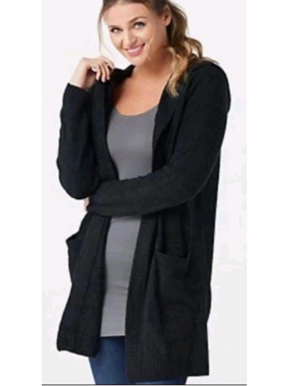 Barefoot Dreams CozyChic Lite Black Hooded Open Cardigan Sweater XS/ S Pockets